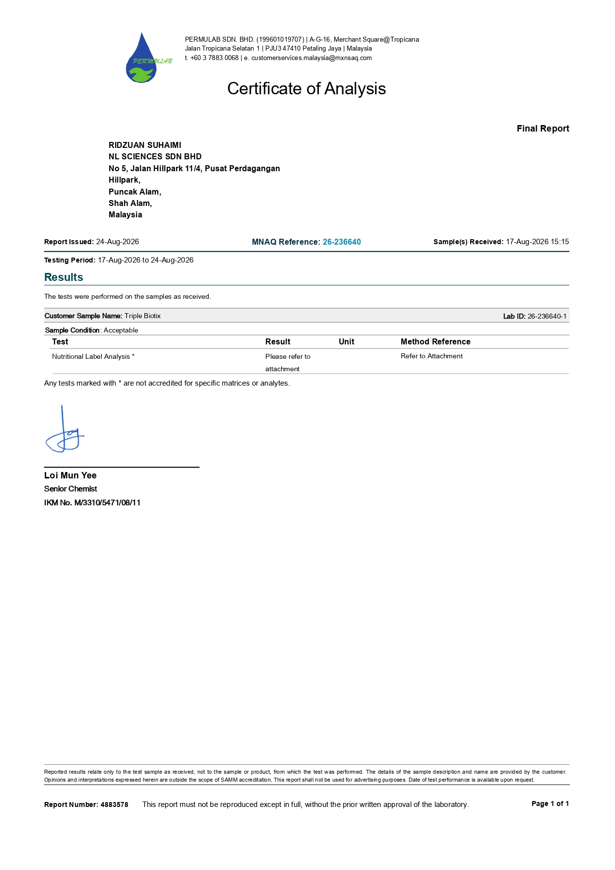 Sijil analisis (COA) Triple Biotix