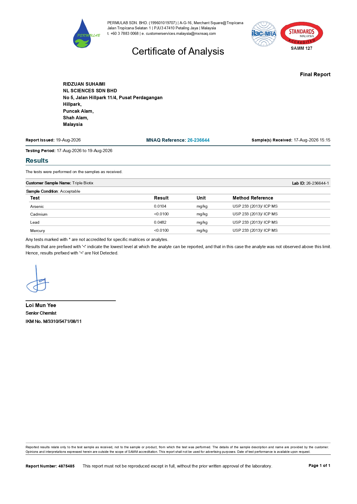 Sijil analisis (COA) Triple Biotix
