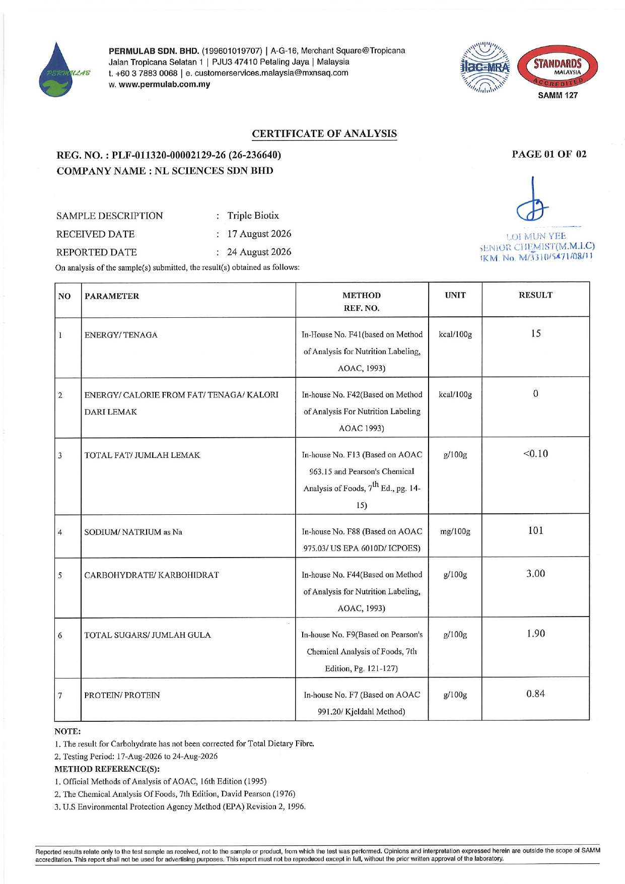 Laporan ujian makmal Triple Biotix